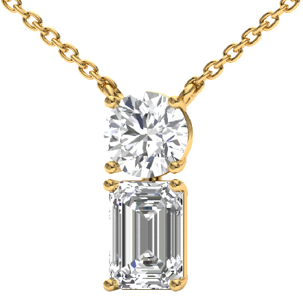 Duet pendant — round and emerald cut diamonds in yellow gold