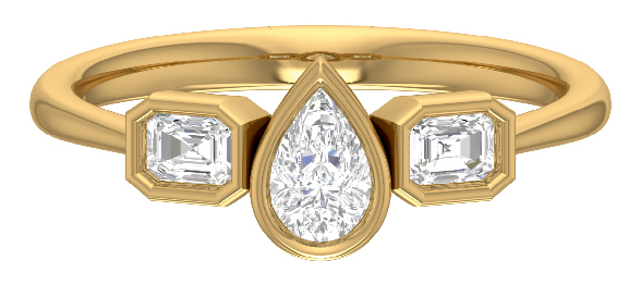 Trinity bezel ring — pear center with emerald cut sides in yellow gold